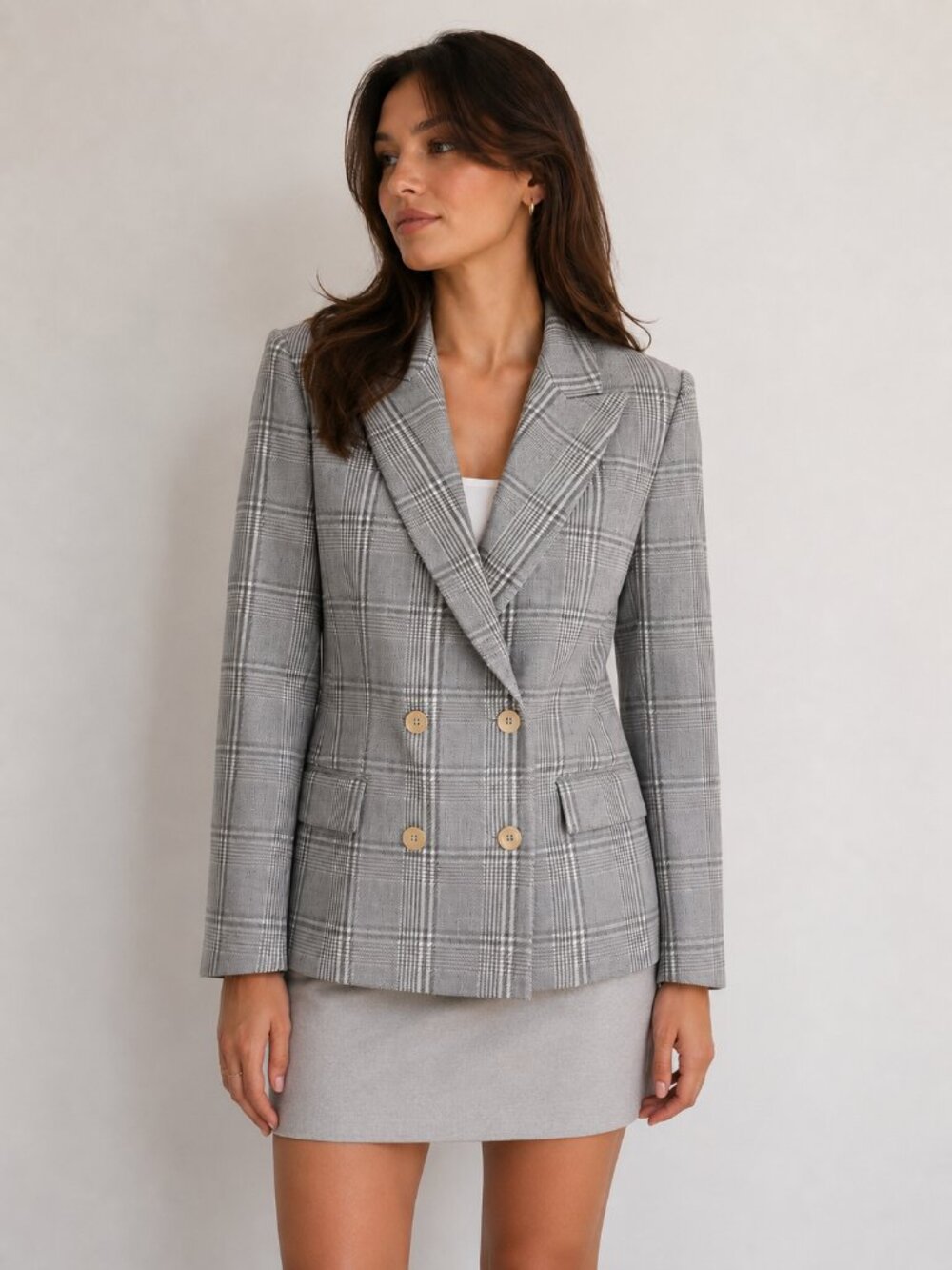Aritzia Gray Plaid Double-Breasted Blazer